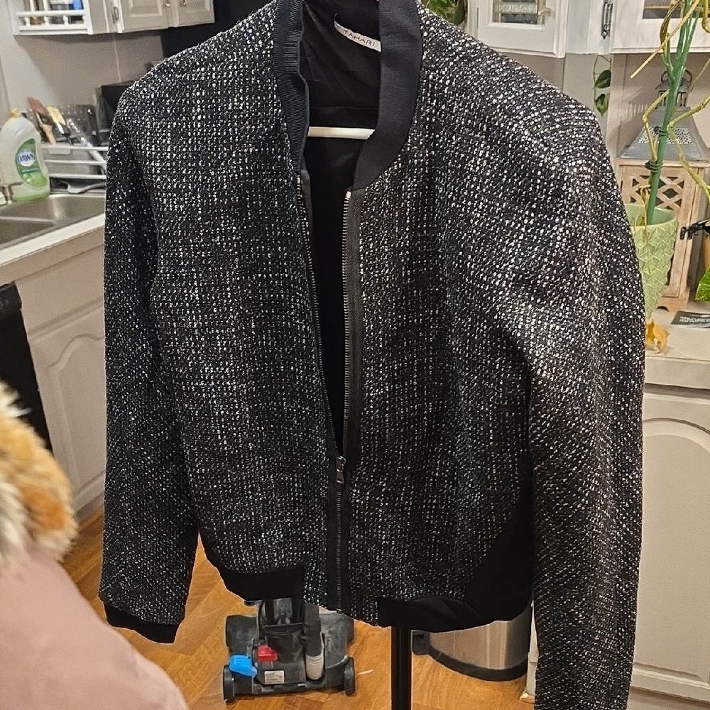 T Tahari Black and Gray Bomber Jacket